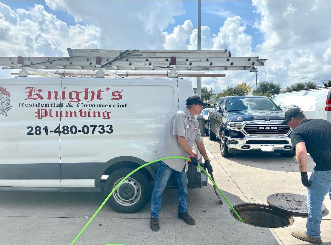 Knight's Plumbing performing hydrojetting service for a commercial property in League City, TX